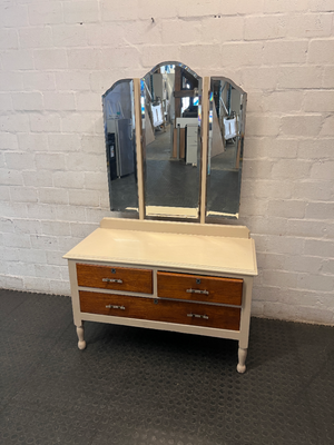 Cream and Wood Dressing Table with Tri-Fold Mirror — Fair Used Condition