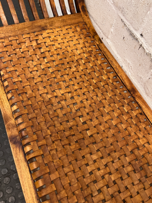 Curved Wood Bench with Woven Leather-Style Seat — Good Working Order