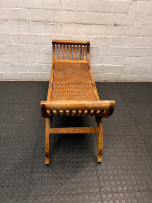 Curved Wood Bench with Woven Leather-Style Seat — Good Working Order