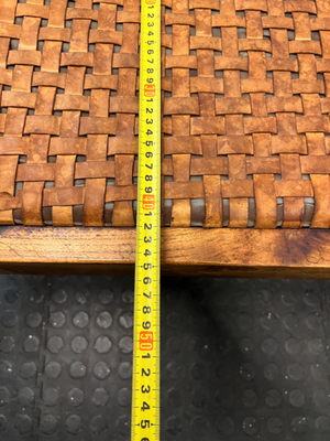 Curved Wood Bench with Woven Leather-Style Seat — Good Working Order