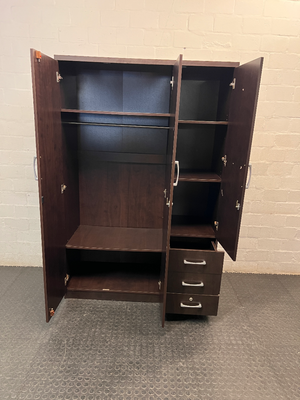 Dark Brown 3-Door Wardrobe with Drawers — Good Working Order