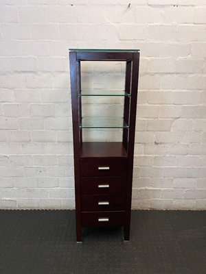 Dark Brown Antique-Style Cabinet with Glass Shelves and 4 Drawers - 2ndhandwarehouse.com