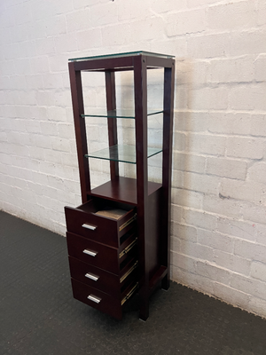 Dark Brown Antique-Style Cabinet with Glass Shelves and 4 Drawers - 2ndhandwarehouse.com