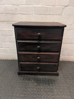 Dark Stained Wooden 4-Drawer Chest — Visible Wear and Surface Marks