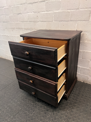 Dark Stained Wooden 4-Drawer Chest — Visible Wear and Surface Marks