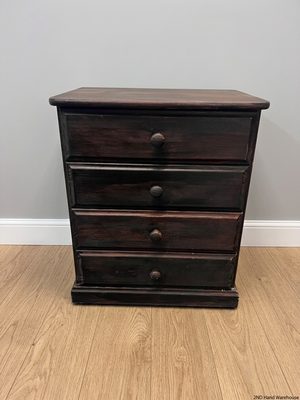 Dark Stained Wooden 4-Drawer Chest — Visible Wear and Surface Marks