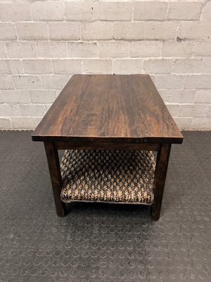 Dark Wood Coffee Table with Woven Storage Shelf — Used; Fair condition