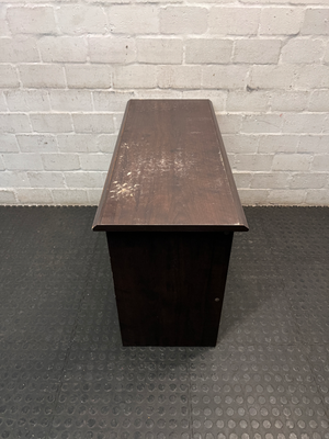 Dark Wood-Look Office Desk with Three Drawers — Poor Condition with Surface Wear