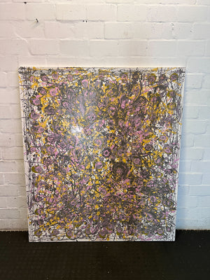 Dynamic Drip Abstract Canvas Art - Purple, Gold & Grey Modern Painting 135 by 150