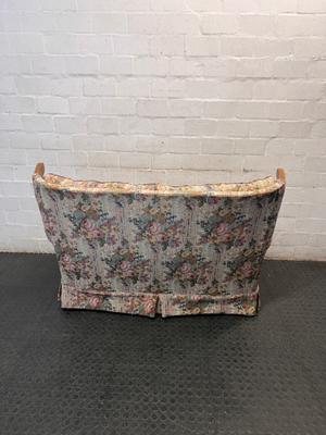 Floral High Back 2 Seater Couch with Wood Detail — Fair Condition with General Wear