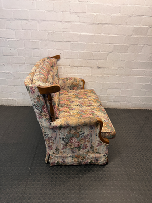 Floral High Back 2 Seater Couch with Wood Detail — Fair Condition with General Wear