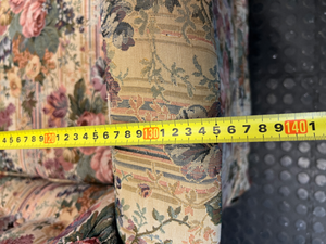Floral High Back 2 Seater Couch with Wood Detail — Fair Condition with General Wear