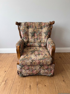 Floral High Back Single Seater Couch with Timber Accents