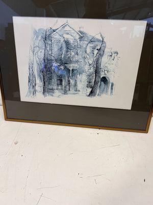 Framed Blue Ink Artwork of Historic House – Minor Frame Scratches - 2ndhandwarehouse.com