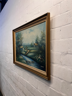 Framed Landscape Oil Painting with Rural Scene — Good Condition