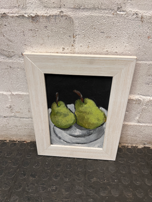Framed Still Life Pear Painting with Light Wood Grain Frame