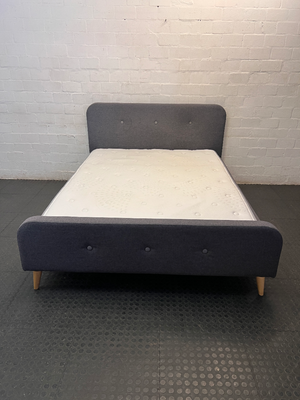 Grey Button Upholstered Queen XL Bedframe and Mattress — Good Working Order