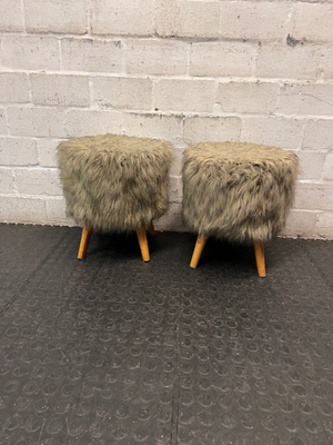 Grey Faux Fur Ottoman with Wooden Legs — Slightly Dirty Faux Fur Upholstery