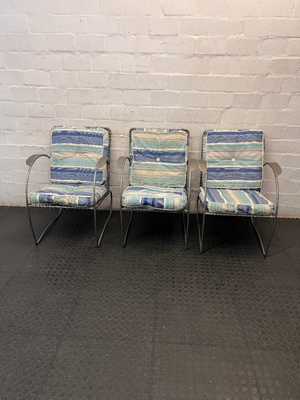 Grey Sprayed Metal Outdoor Chair with Striped Cushion — Fair Condition