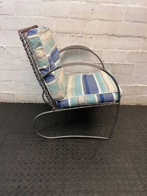Grey Sprayed Metal Outdoor Chair with Striped Cushion — Fair Condition