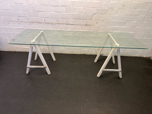 Stylish Glass-Top Table with White Wooden Base β Minor Wear - 2ndhandwarehouse.com