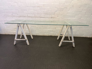 Stylish Glass-Top Table with White Wooden Base β Minor Wear - 2ndhandwarehouse.com