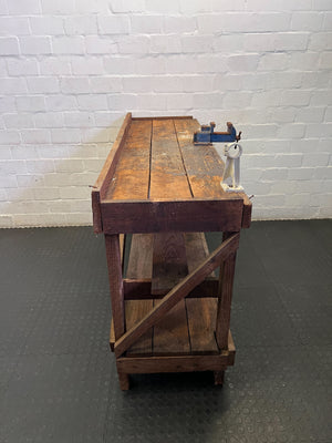 Rustic Industrial Wood Workbench with Vice & Storage