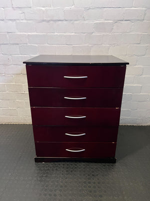 Sleek Burgundy 5-Drawer Dresser with Black Top
