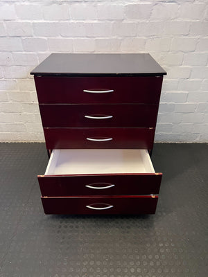 Sleek Burgundy 5-Drawer Dresser with Black Top