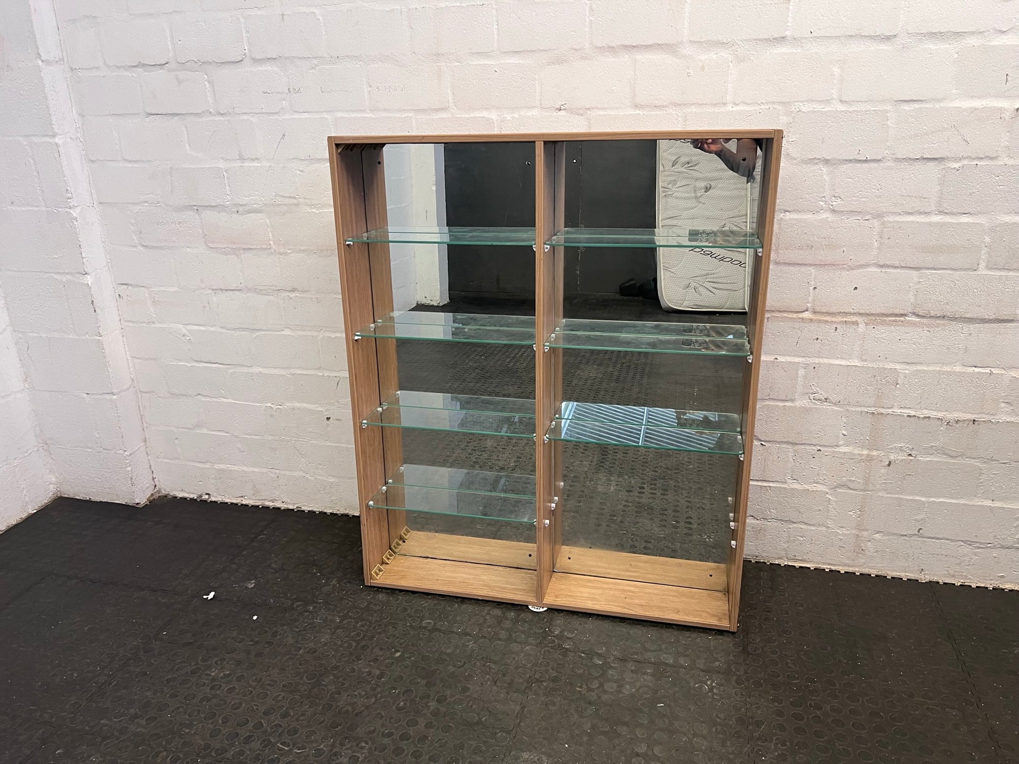 Wooden Frame 5 Tier Glass Shelf With Mirror Backing (1 Glass Shelf Missing)