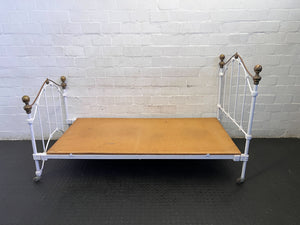 Charming Antique White Metal Single Bed Frame with Brass Accents