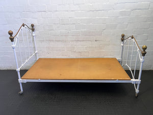 Charming Antique White Metal Single Bed Frame with Brass Accents