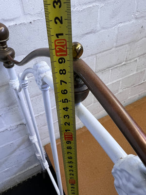 Charming Antique White Metal Single Bed Frame with Brass Accents