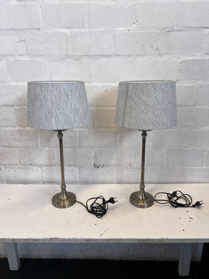 Elegant Brushed Brass Table Lamp with Grey Fabric Shade