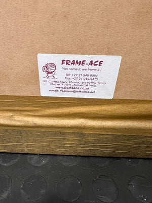 striking framed portrait with maroon matting and dark wood frame