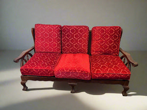 Elegant Red Fabric 3-Seater Couch with Wooden Accents - REDUCED