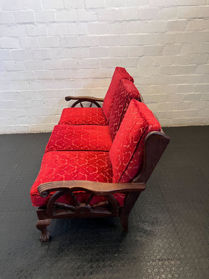Elegant Red Fabric 3-Seater Couch with Wooden Accents - REDUCED