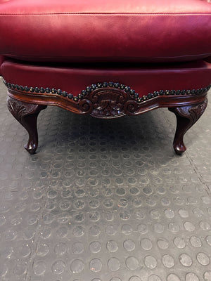 Vintage Burgundy Leather Wingback Chair with Wooden Details - REDUUCED