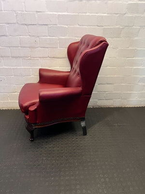 Vintage Burgundy Leather Wingback Chair with Wooden Details - REDUUCED