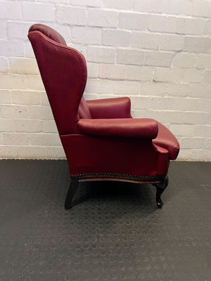 Vintage Burgundy Leather Wingback Chair with Wooden Details - REDUUCED