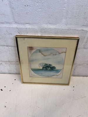 Framed Watercolor Landscape Art with Vintage Gold Trim - Glass Cracked