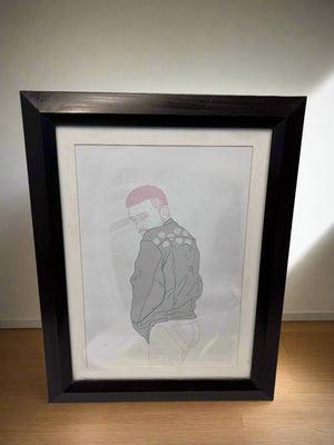 Framed artwork of a person with a pink head on a plain background