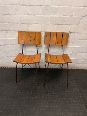 Industrial Timber Slatted School Style Dining Chair — Rusted Metal Frames; Wooden Seats in Good Condition