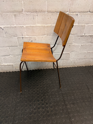 Industrial Timber Slatted School Style Dining Chair — Rusted Metal Frames; Wooden Seats in Good Condition
