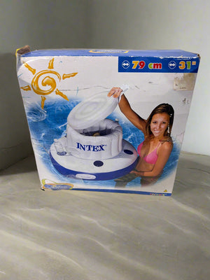 Intex inflatable pool toy packaging with a woman on a white surface
