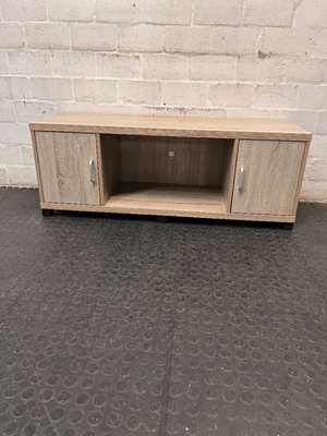 Light Oak-Style Lowline TV Unit with Side Cupboards — Used; Fair Condition