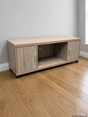 Light Oak-Style Lowline TV Unit with Side Cupboards — Used; Fair Condition