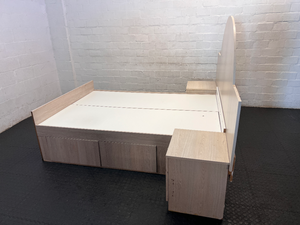 Light Wood Double Bed Base with Arched Headboard & 4 Storage Drawers - 2ndhandwarehouse.com