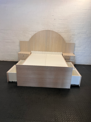 Light Wood Double Bed Base with Arched Headboard & 4 Storage Drawers - 2ndhandwarehouse.com