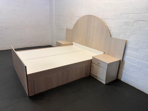 Light Wood Double Bed Base with Arched Headboard & 4 Storage Drawers - 2ndhandwarehouse.com